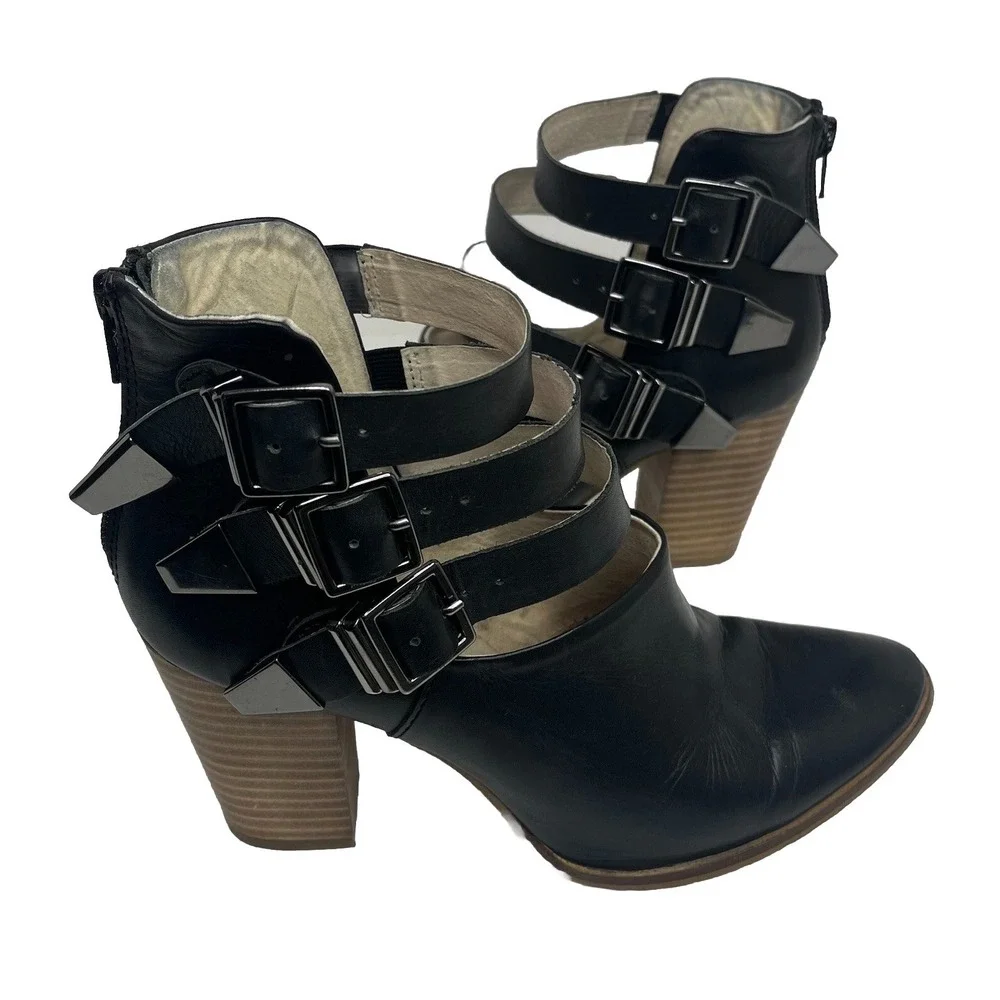 Seychelles Haywire Booties Black Leather Buckle Zip Stacked Heel Womens Size 8.5